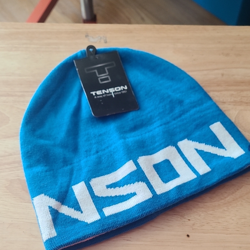 Blue and White Knit Hat with Branding
